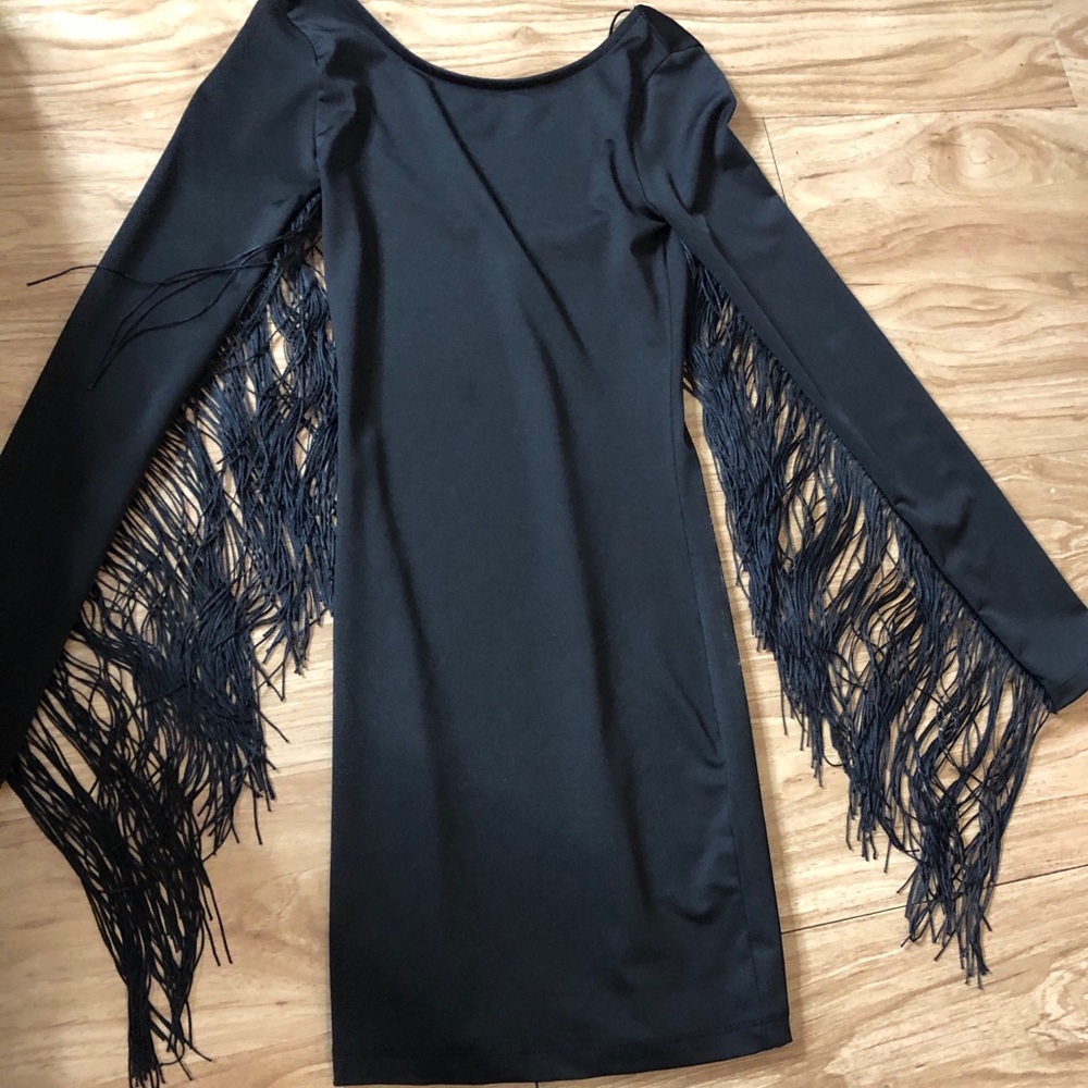 LBD black long sleeve fringe dress